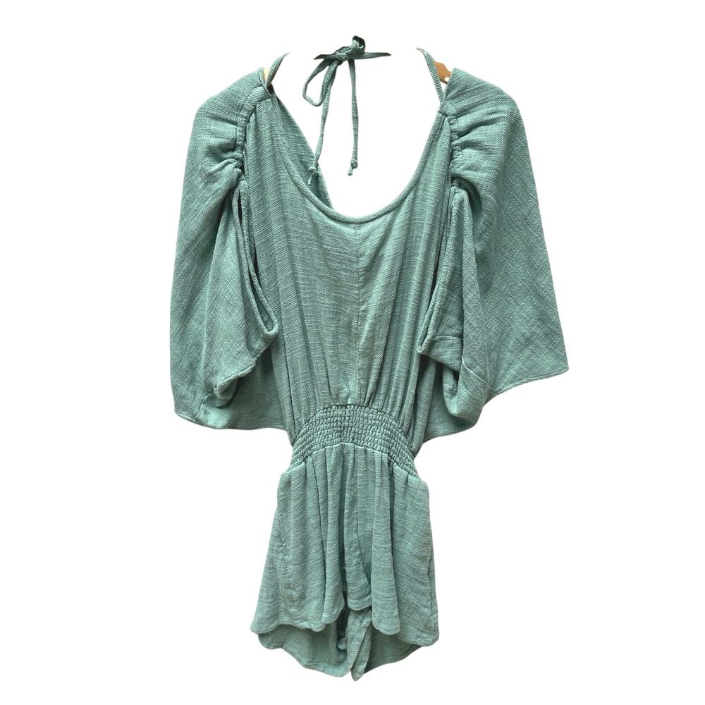 Free People Tie Back Romper Dress Green XS Boho Draped Sleeves Drawstring